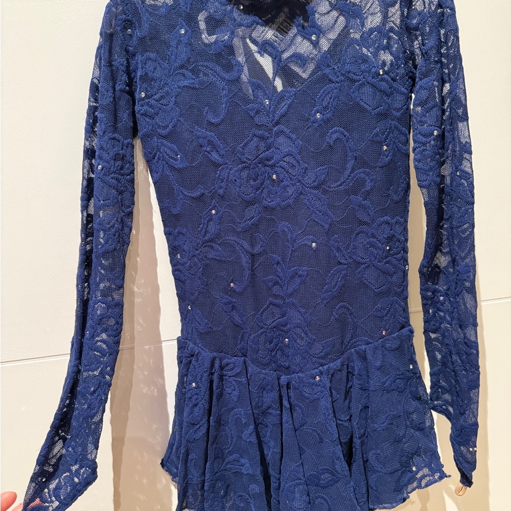 Elegant Blue Lace Long ice skating/ ballet/ dance dress/leotard